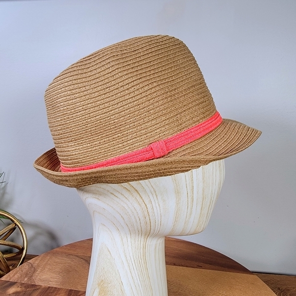 Target Brown Fedora with Bright Pink Band Woven Summer Sun Hat Women's One Size - Picture 3 of 14